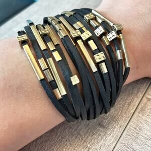 Black Leather Multi-Strap Bracelet w/ Brass Tone Beads Magnetic Clasp